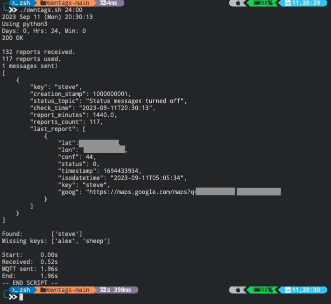 Resulting sript output screenshot with location information blocked out. The images displays a JSON object containing metadata and location data about a tag named with the prefix 'steve'.