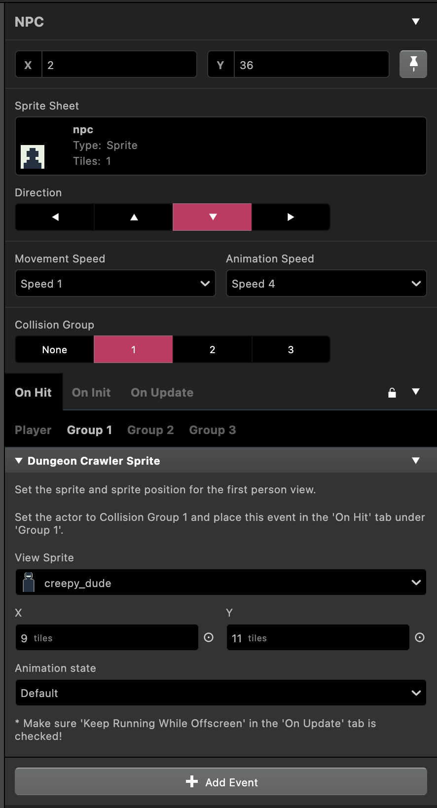 actor sprite event settings