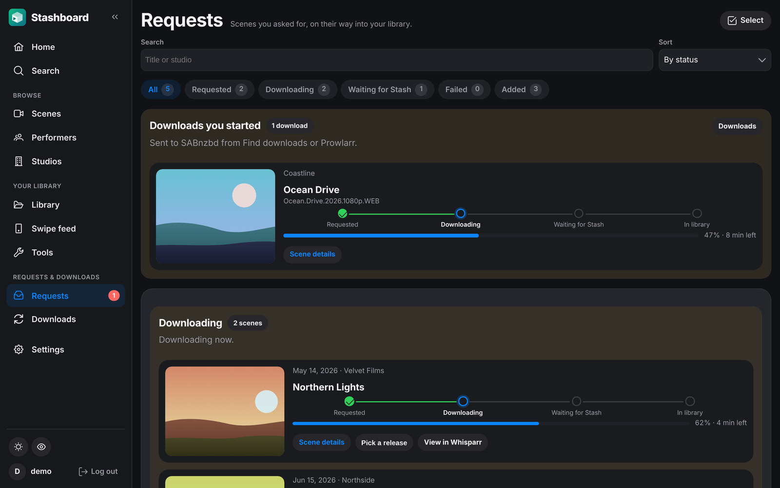 Requests: where each request is, with download progress