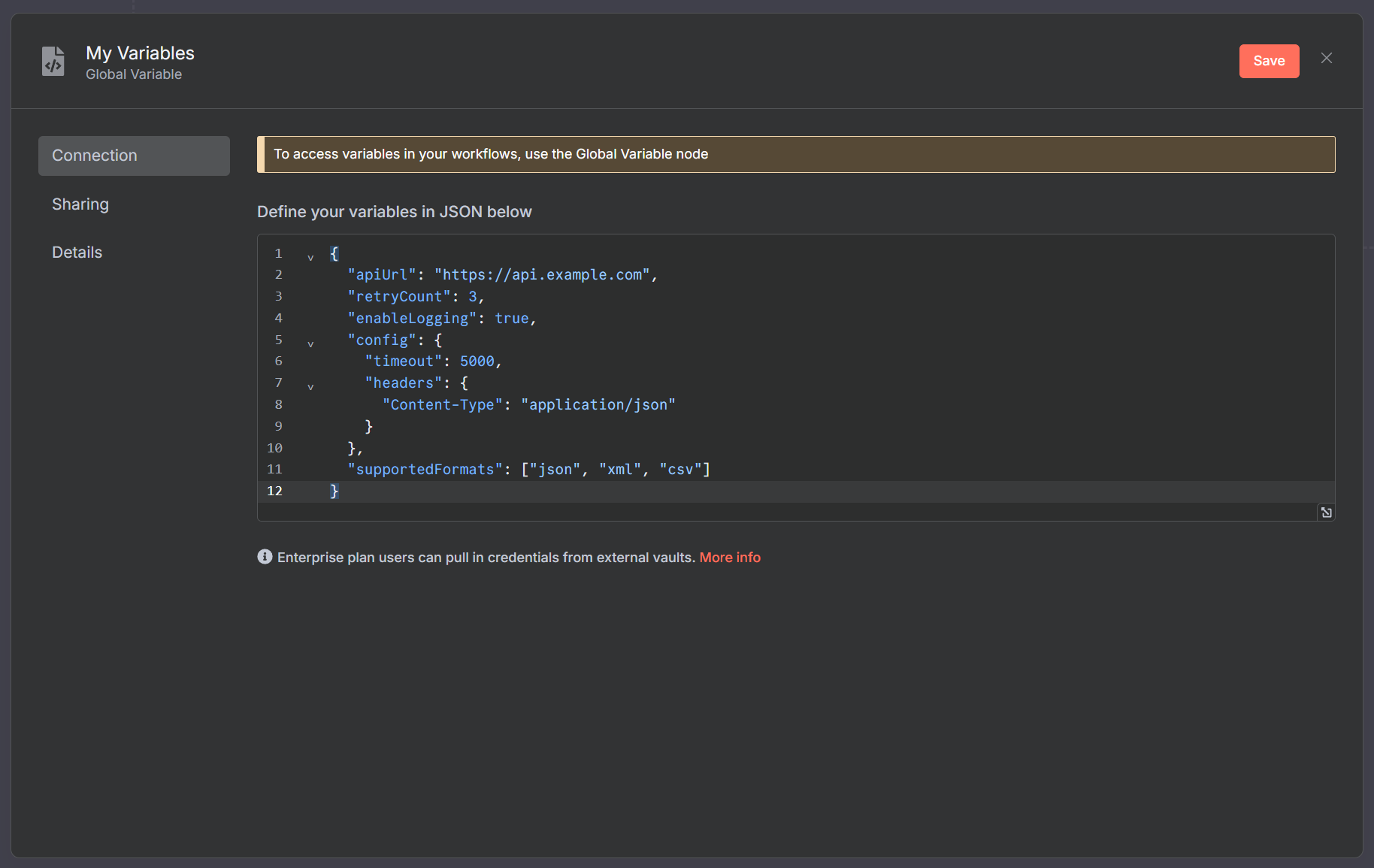 Define variables as JSON