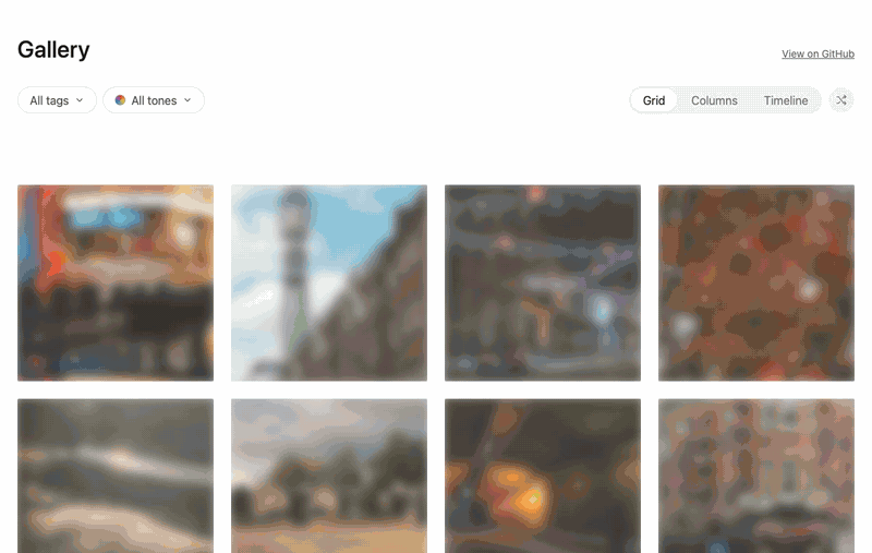The gallery: dragging the tone wheel to filter by colour, filtering by tag, switching between grid, columns and timeline views, shuffling and stepping through the lightbox