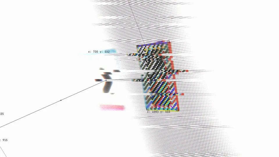 ff-tracking:终端的倾斜近景特写,斜线阴影的跟踪框锁定字形,使用热成像与磷光绿调色板,以绿色"Done"胶囊结束