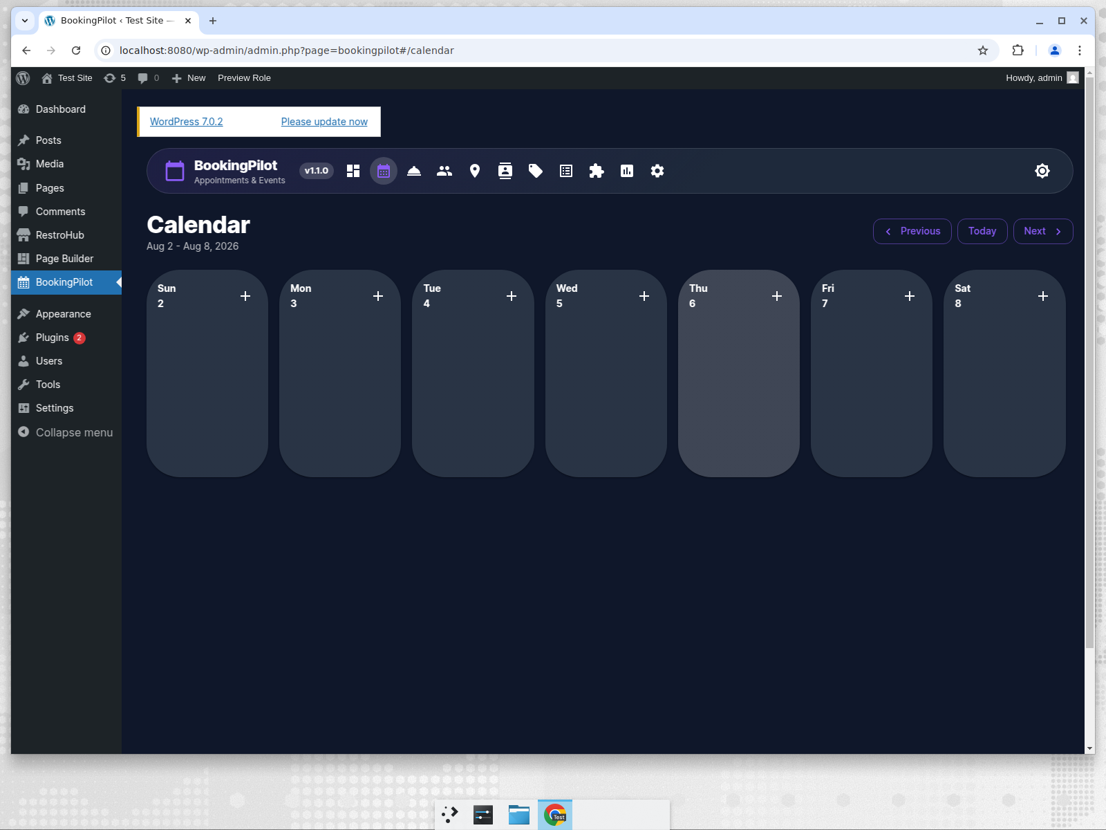 BookingPilot appointment calendar with weekly view and add booking buttons