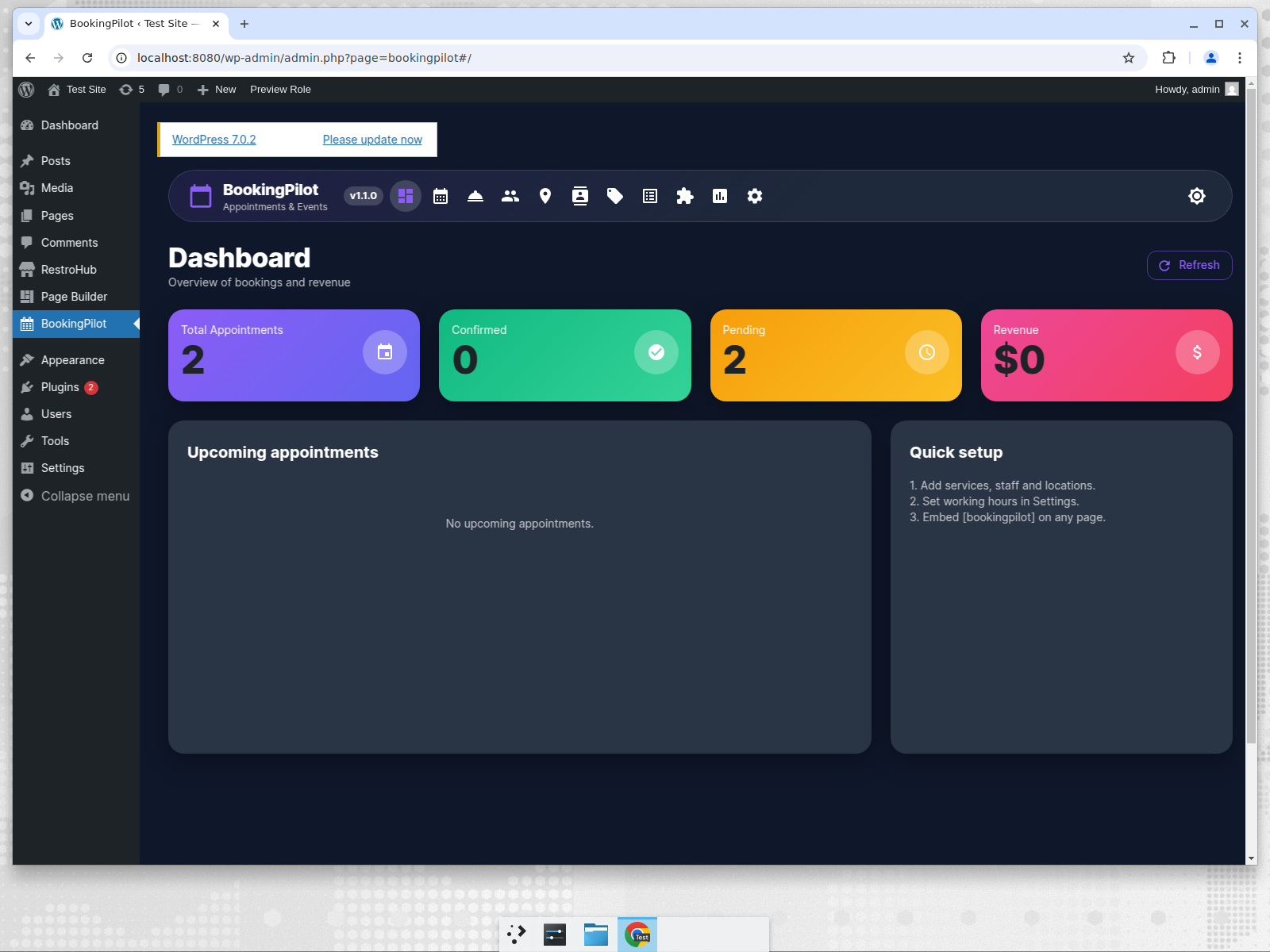 BookingPilot WordPress admin dashboard showing total appointments and quick setup