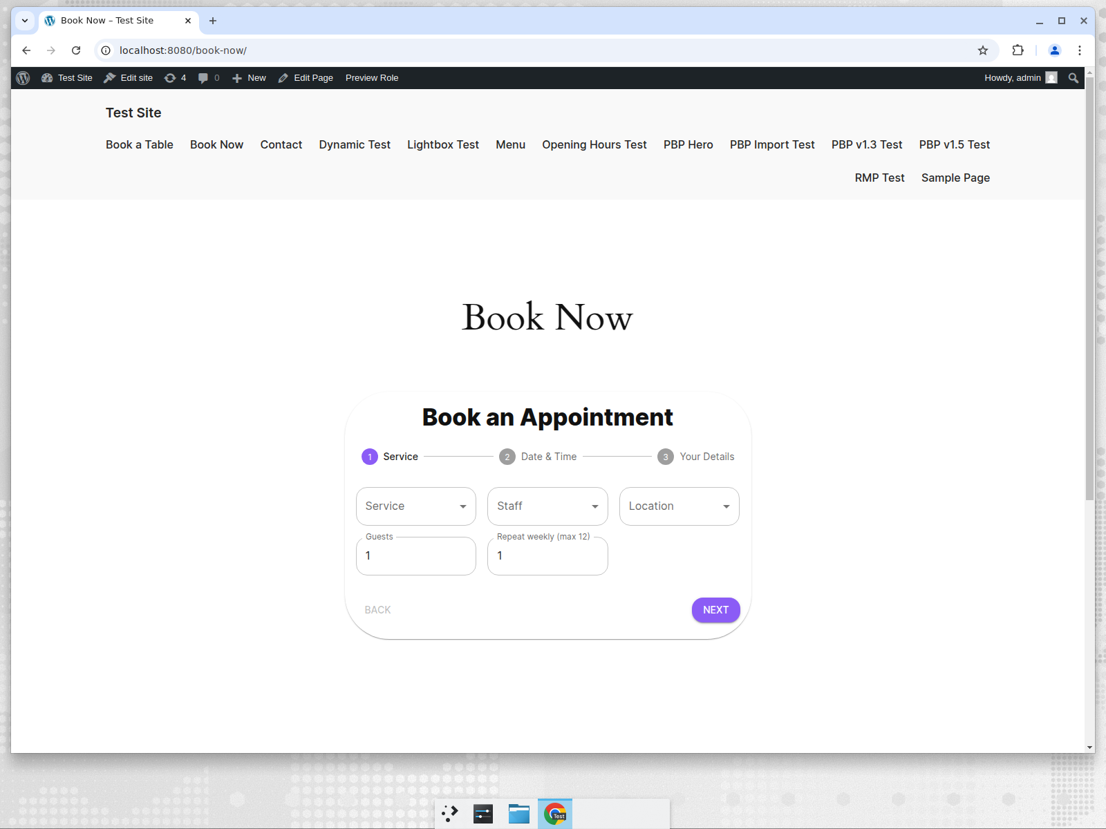 BookingPilot public booking form shortcode on a WordPress page