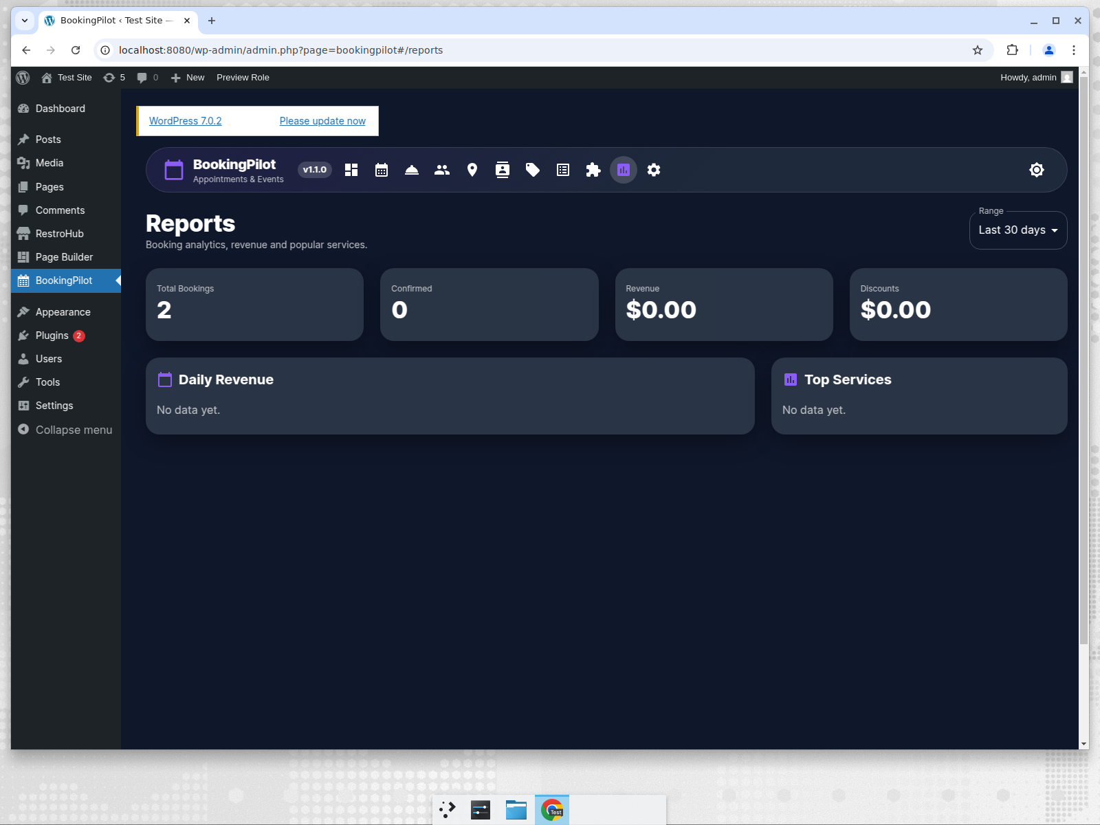 BookingPilot reports dashboard with booking metrics, revenue chart and top services