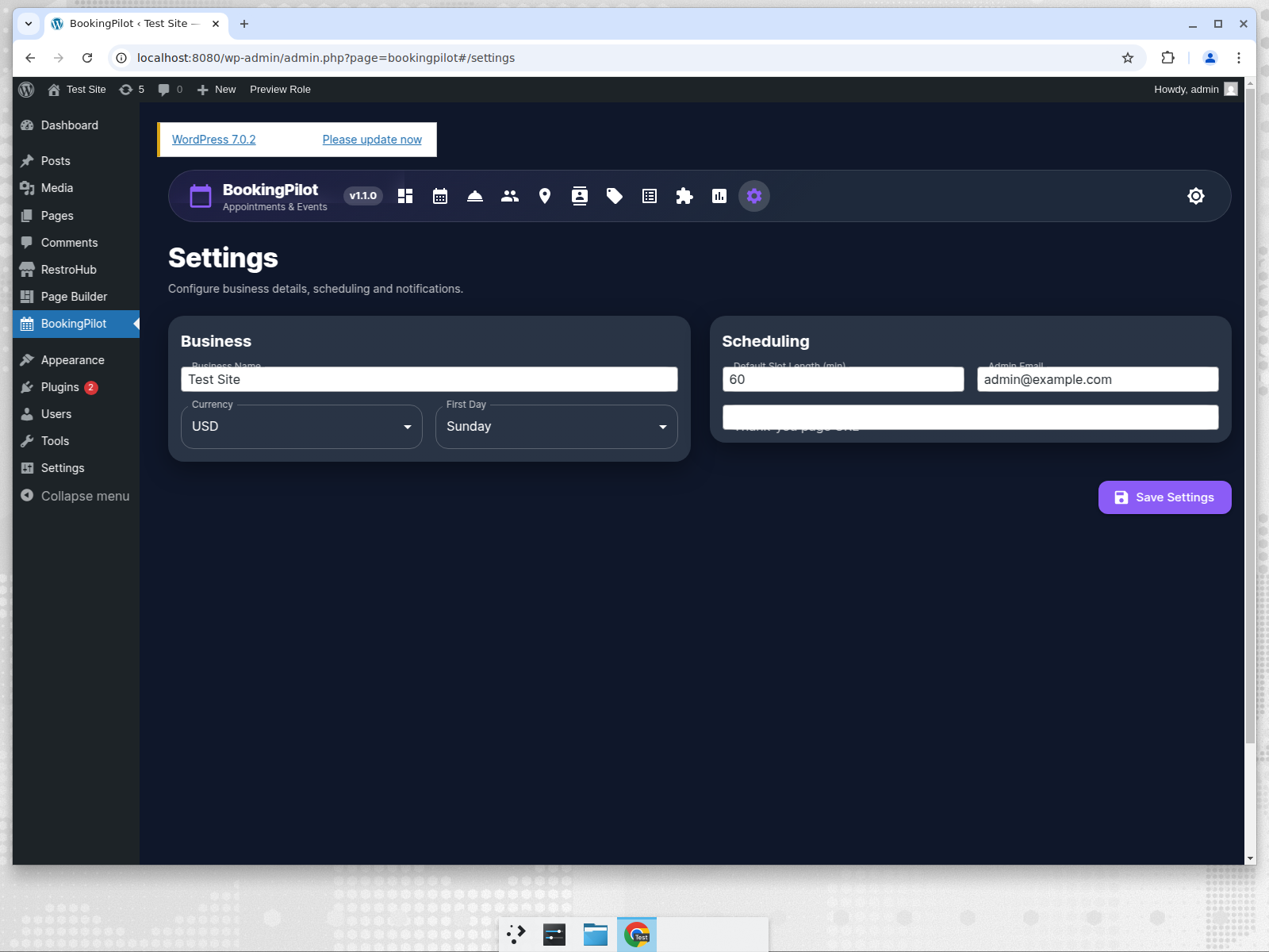 BookingPilot settings page with business name, currency and scheduling options