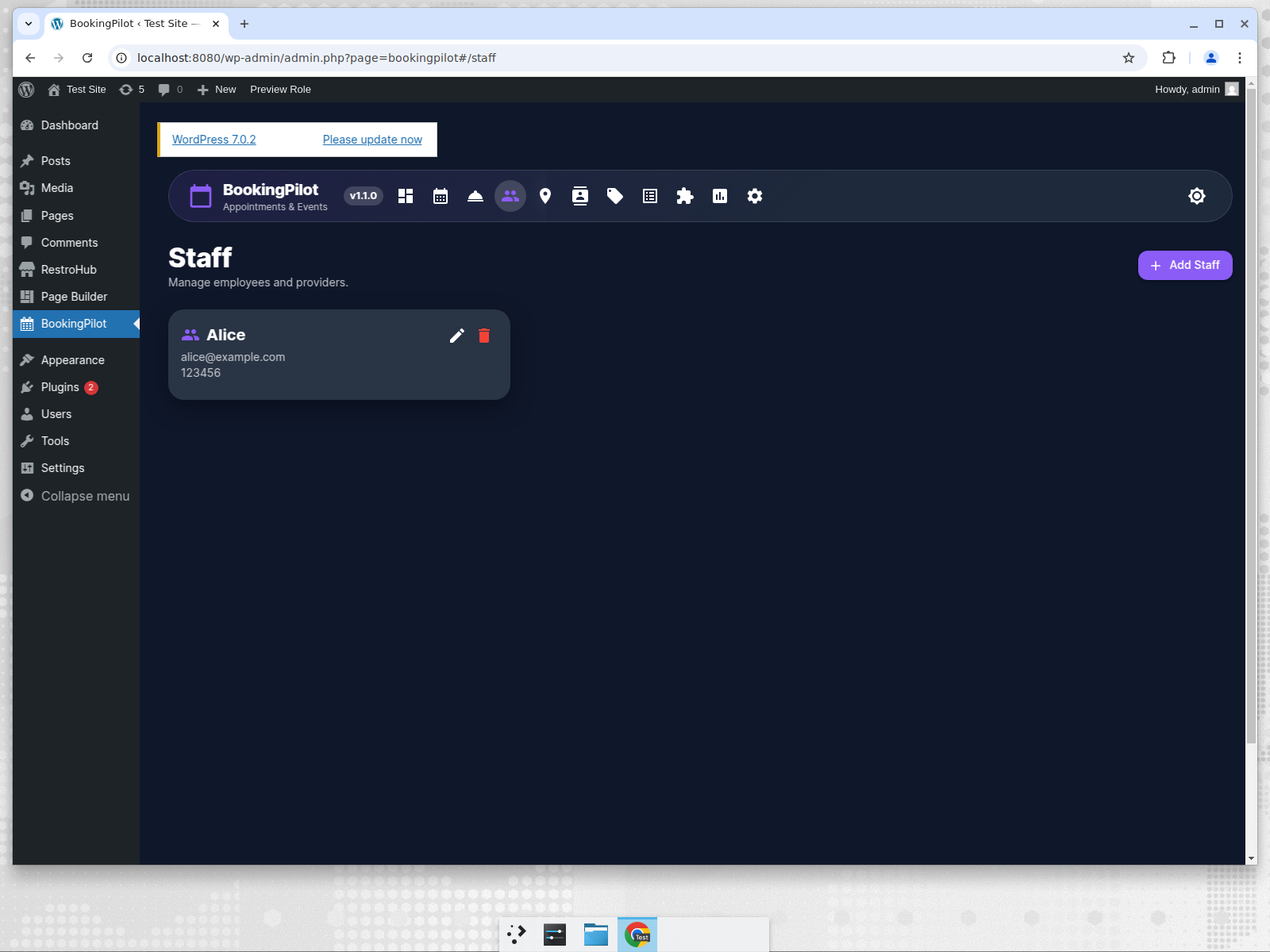 BookingPilot staff management screen showing employee details