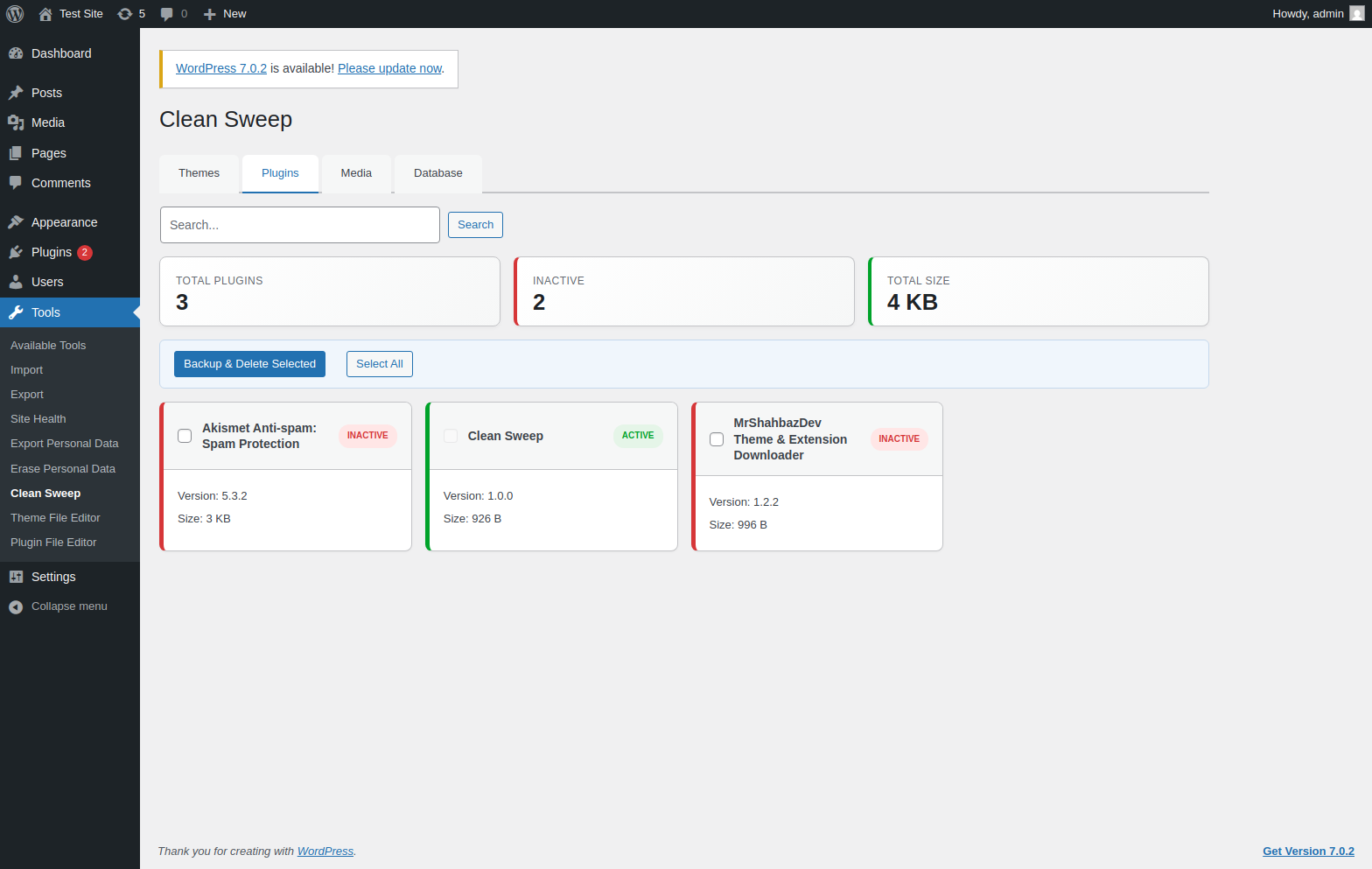 Clean Sweep Plugins Tab