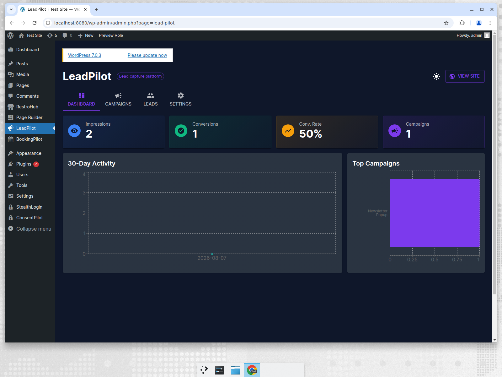 LeadPilot dashboard with metrics and charts