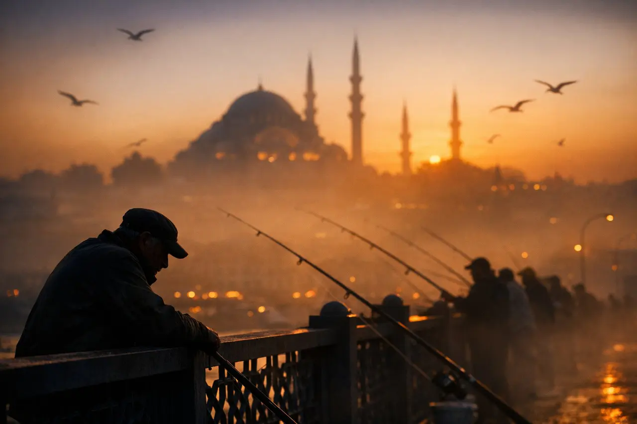 A cinematic silhouette shot of local fishermen lining the...