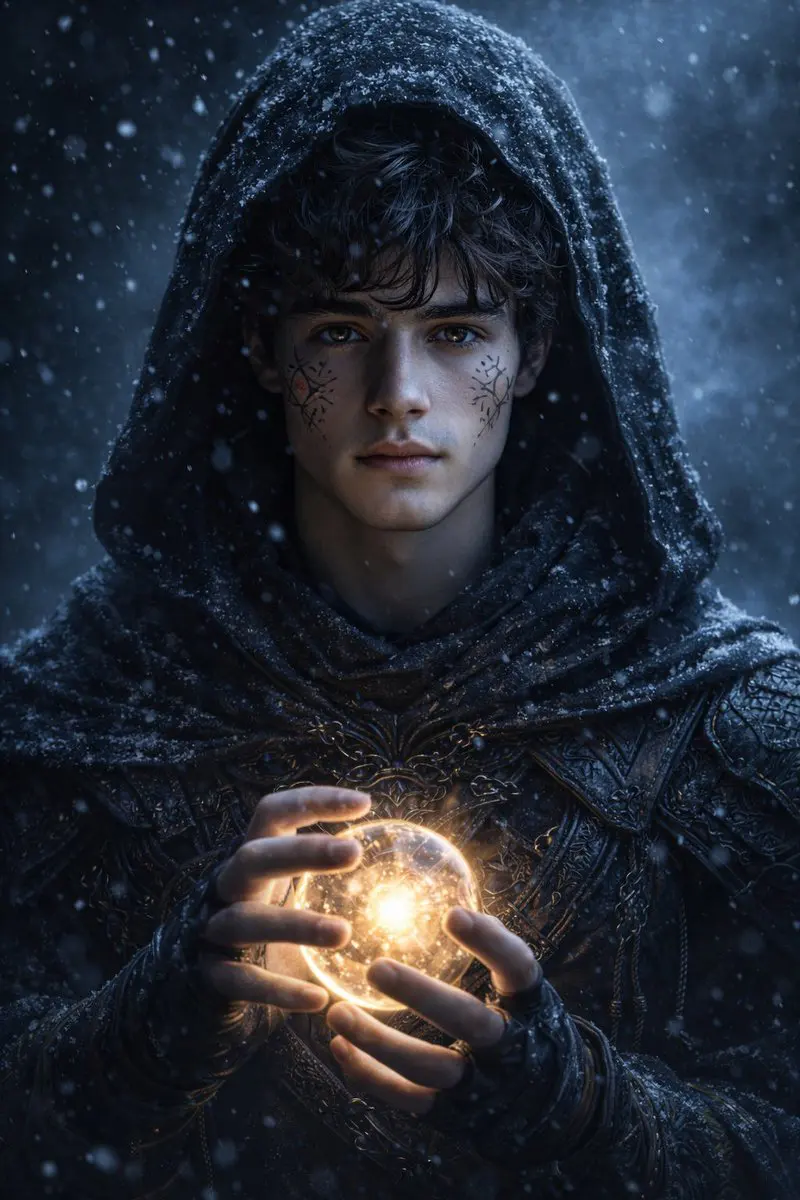 Hyperrealistic dark fantasy portrait of a mysterious hood...