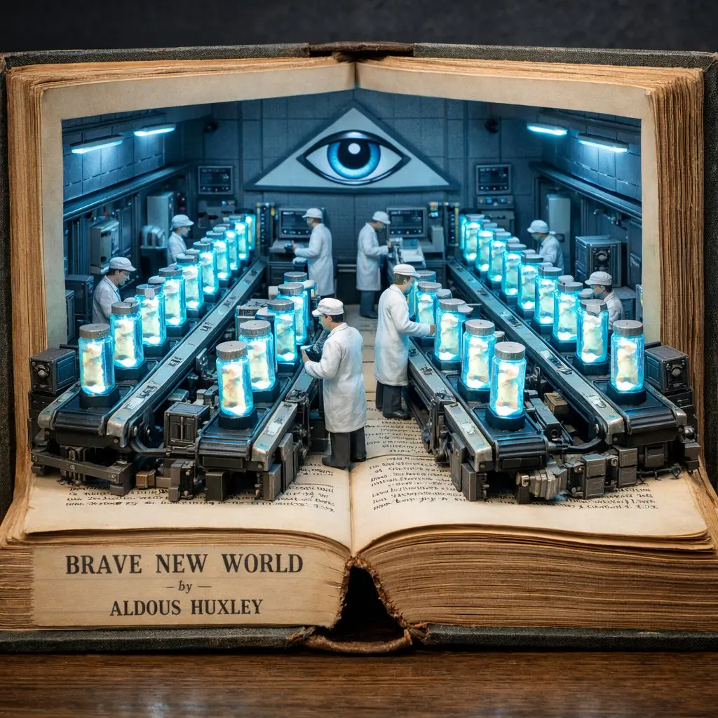 Surreal diorama emerging from an open vintage book of "Br...