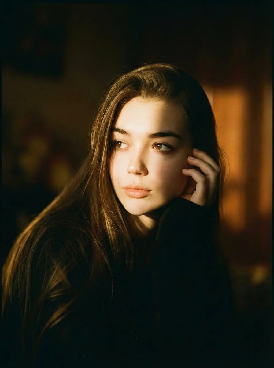 A cinematic portrait of a person is sitting in soft drama...