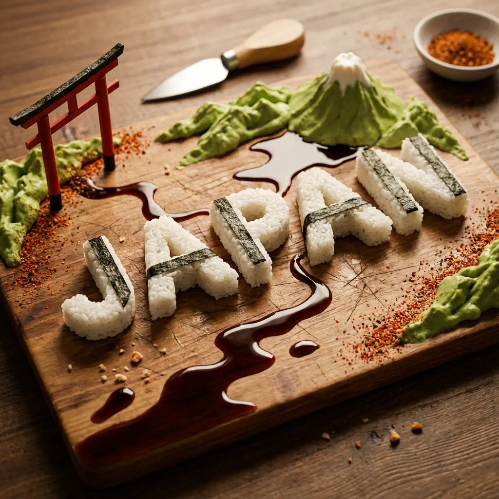 A charcuterie-style board presents JAPAN as an edible scu...
