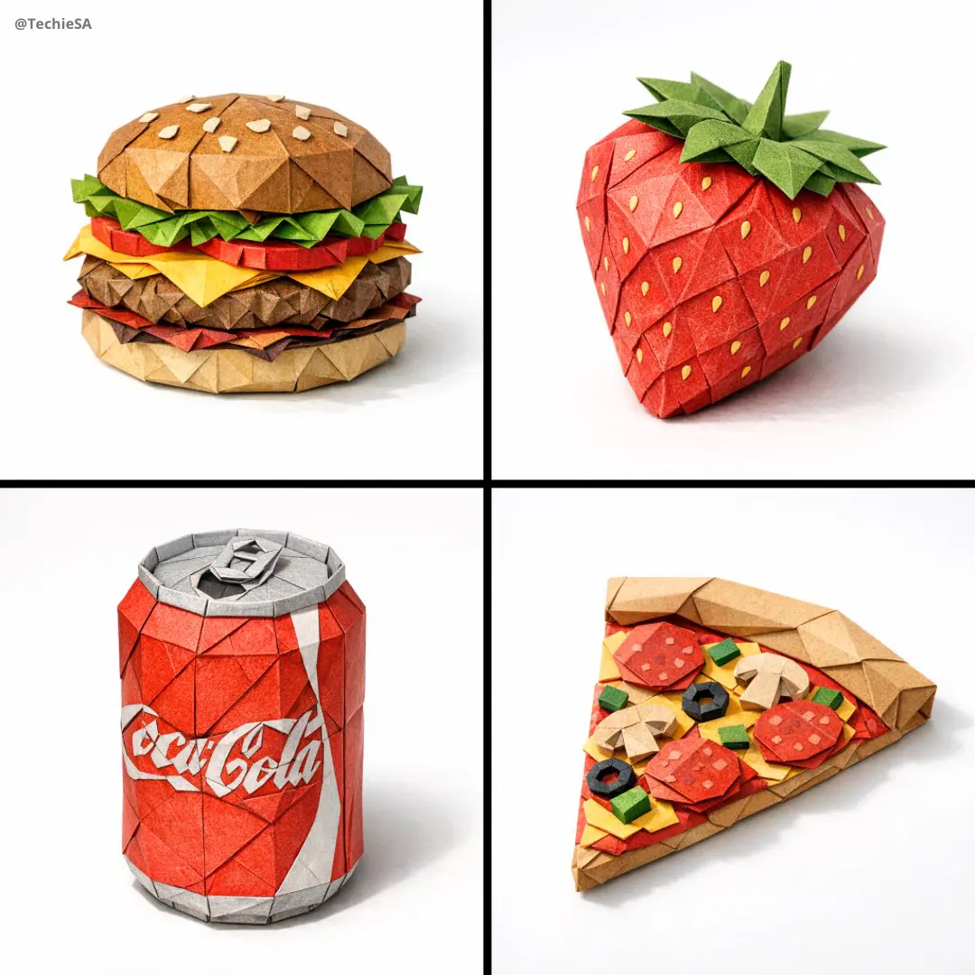A hyper-detailed origami [FOOD ITEM] folded from realisti...