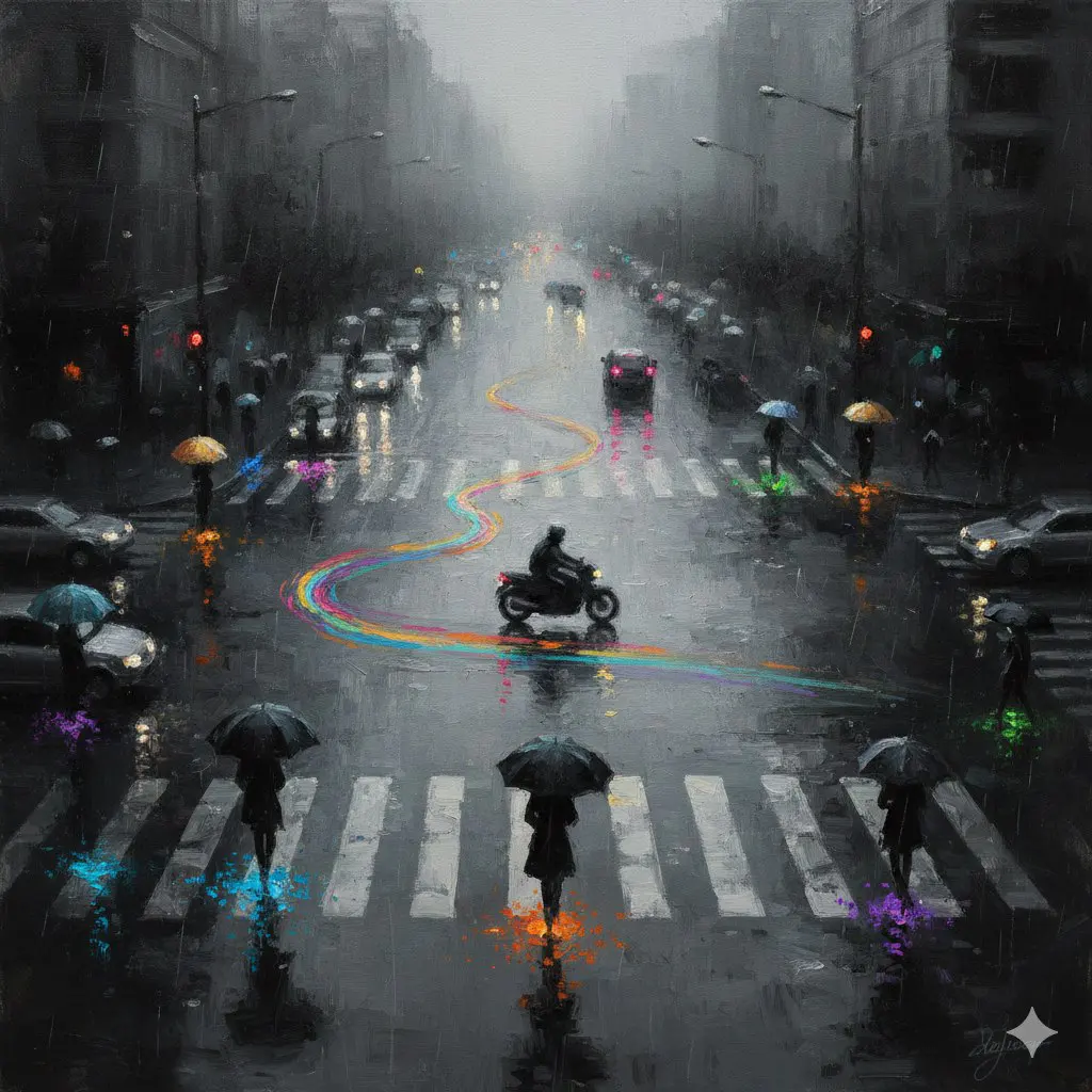 A high-angle, wide-composition Impressionist oil painting...