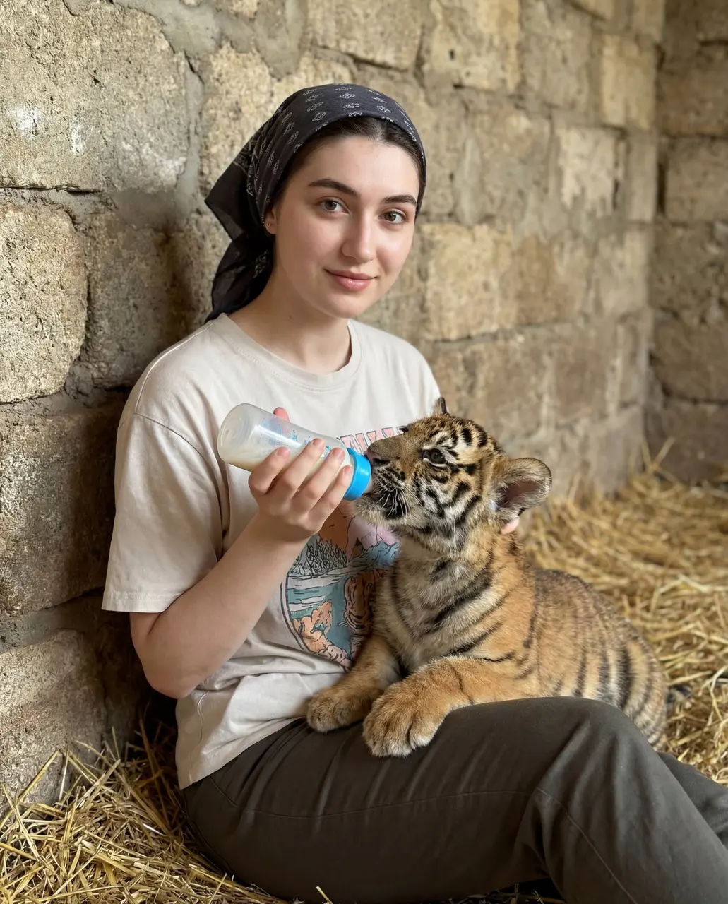 { "scene_type": "lifestyle portrait with animal interacti...