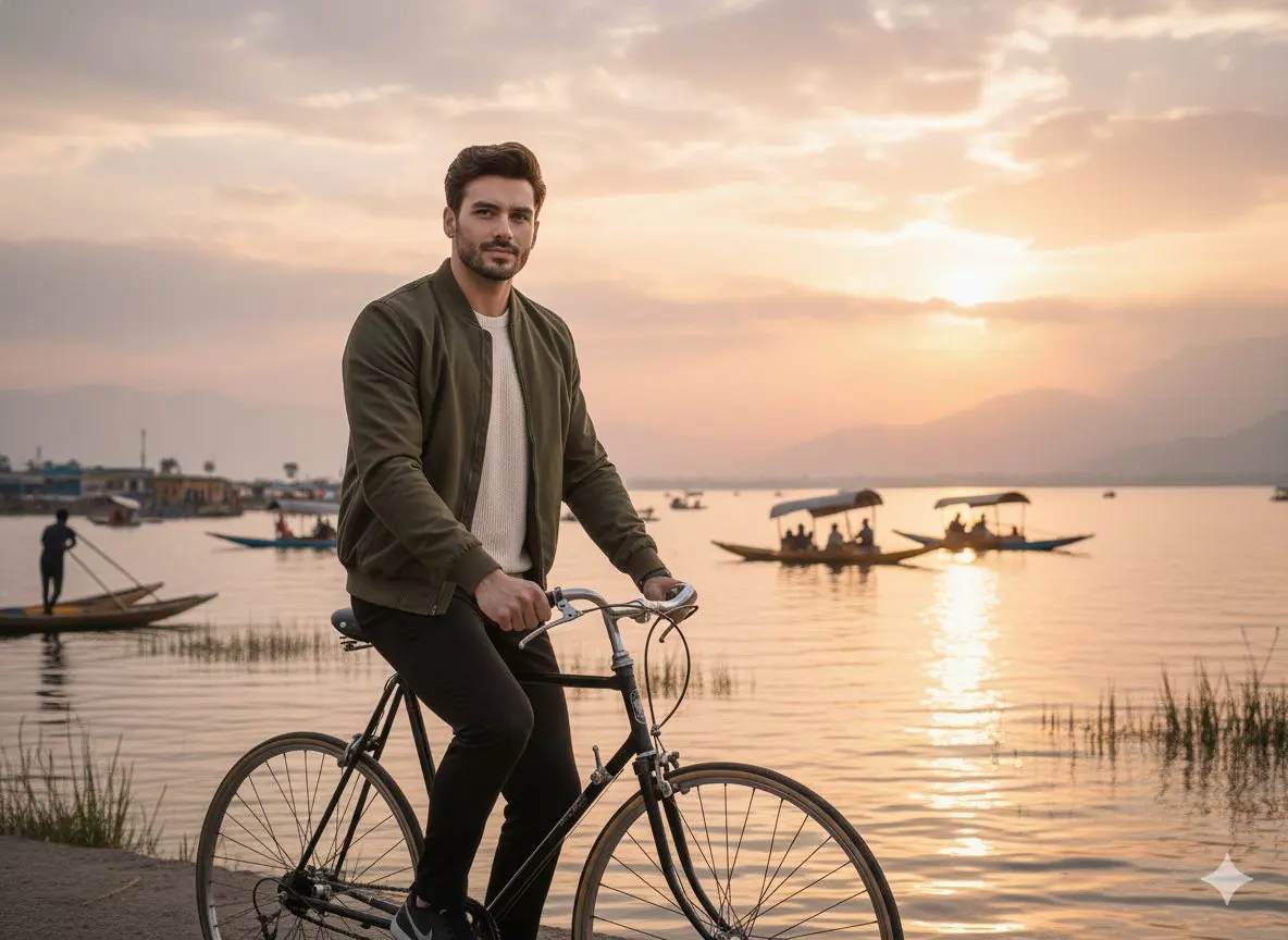 A realistic cinematic photograph of a handsome man riding...