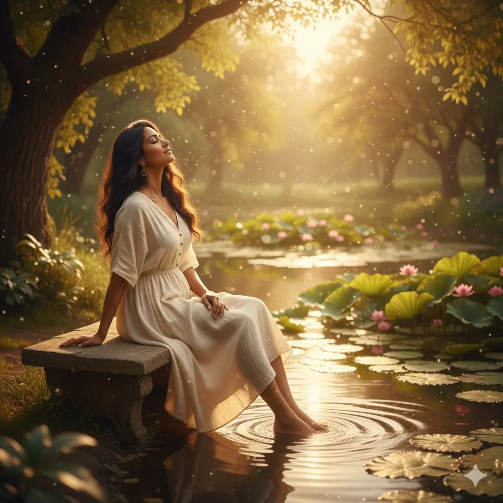 unfolds beside a tranquil pond, where gentle ripples catc...