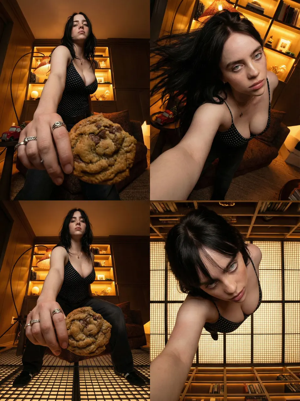 Create a 2x2 cinematic grid featuring the same character...