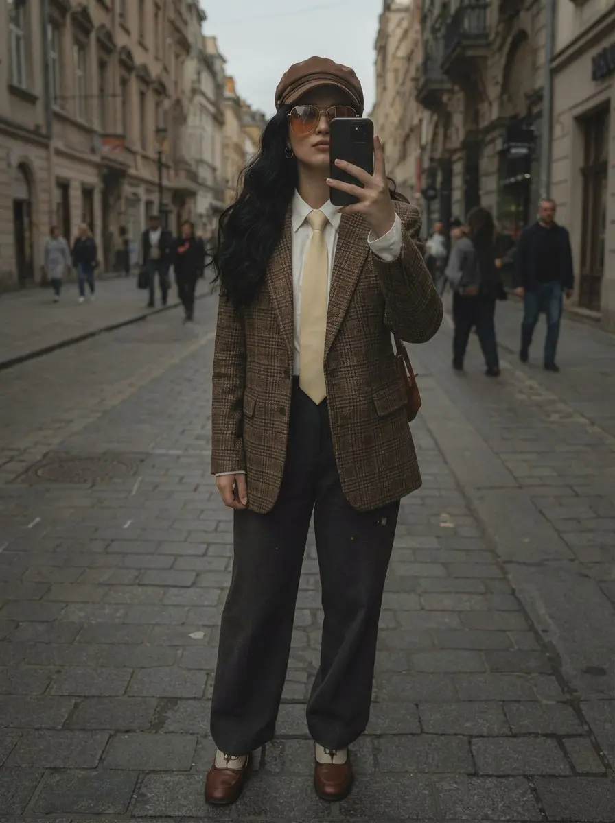 A stylish woman taking a mirror selfie on a European cobb...