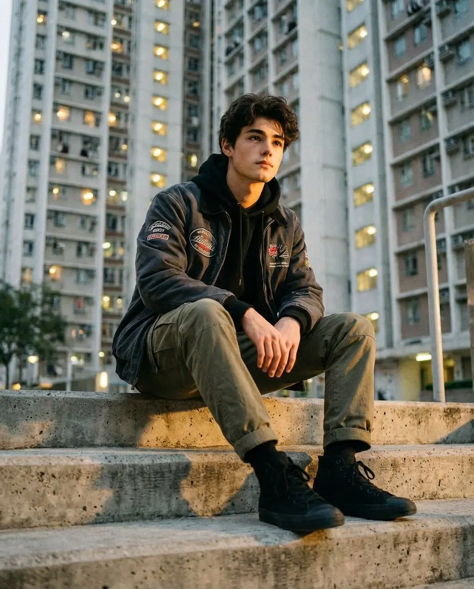 A stylish young man sitting confidently on raw concrete s...