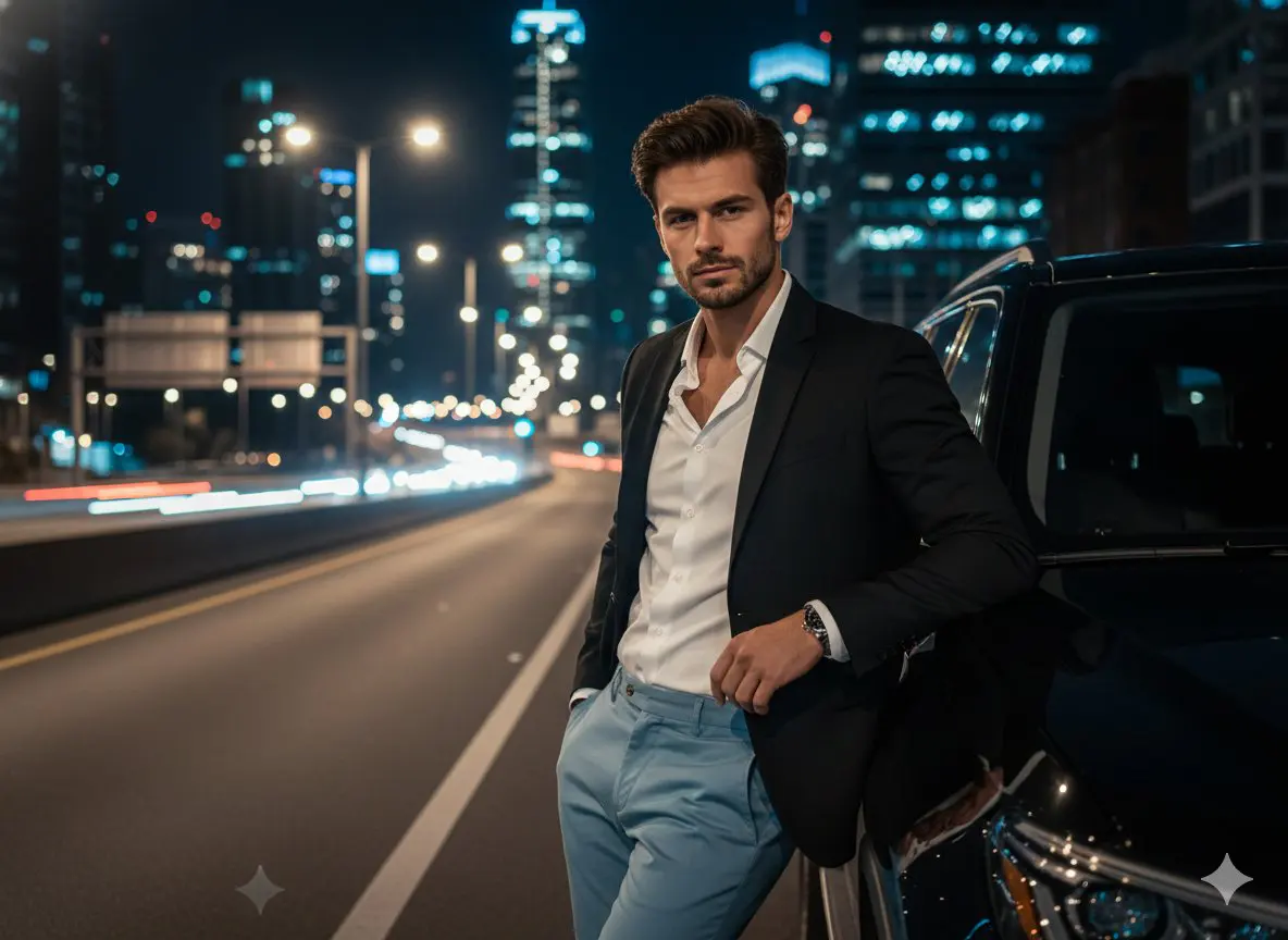 A cinematic night-time urban portrait of a confident, han...