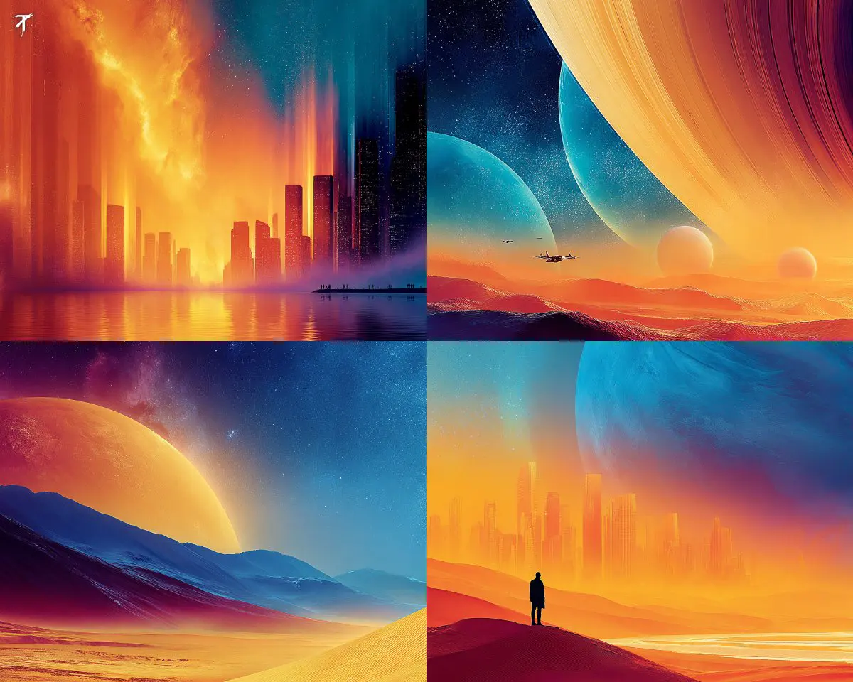 This SREF delivers bold sci-fi vistas with glowing cities...