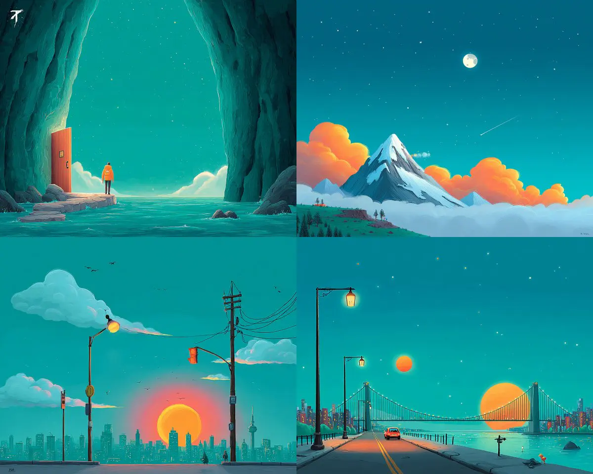 This SREF creates dreamy teal scenes with glowing skies, ...