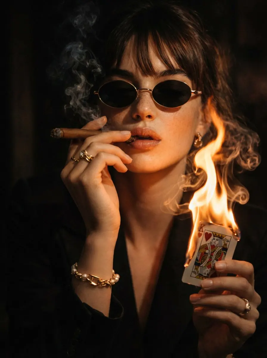 A cinematic, moody portrait of a stylish women in dark su...