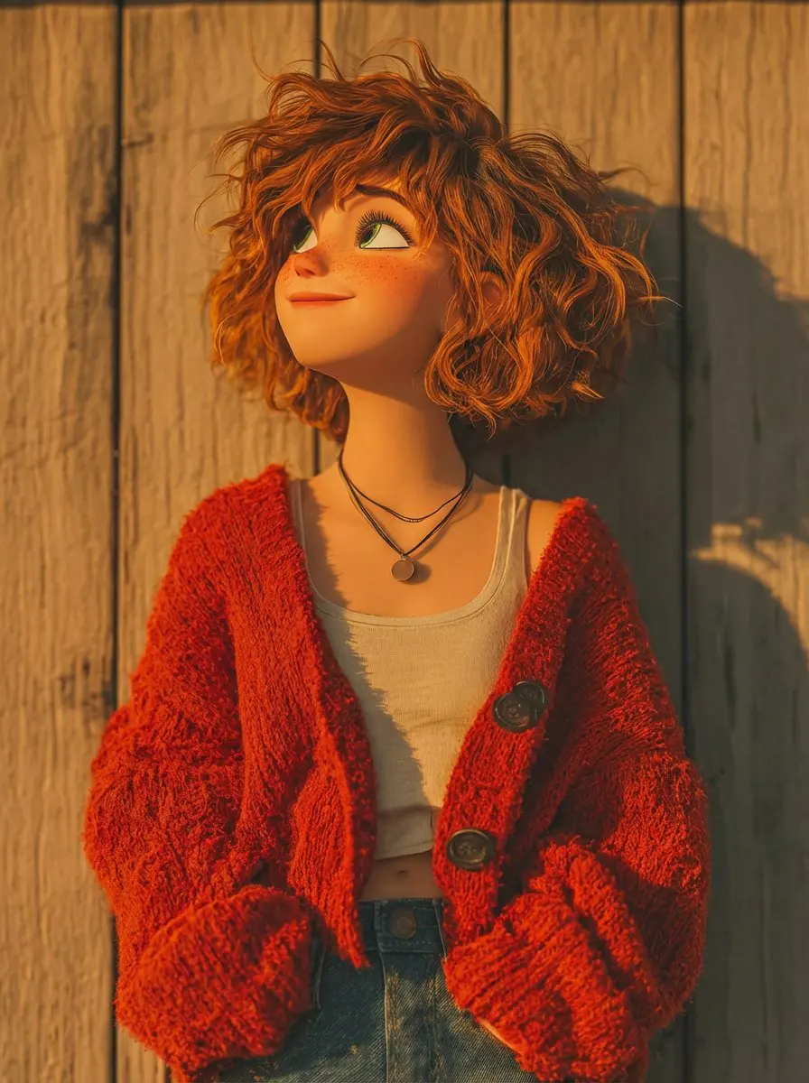 1. A stylized 3D animated girl with short messy curly gin...