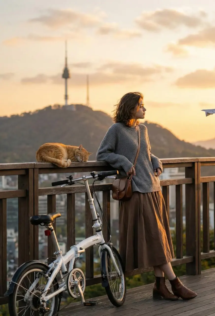A cinematic golden-hour photograph of a young woman stand...