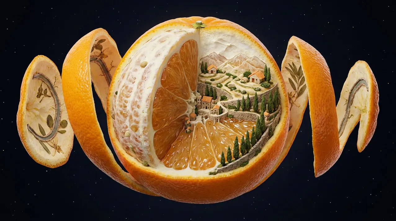 A single [OBJECT] suspended in space, frozen mid-peel as ...