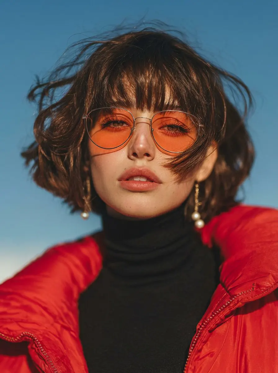 A cinematic fashion portrait of a young woman with a shor...