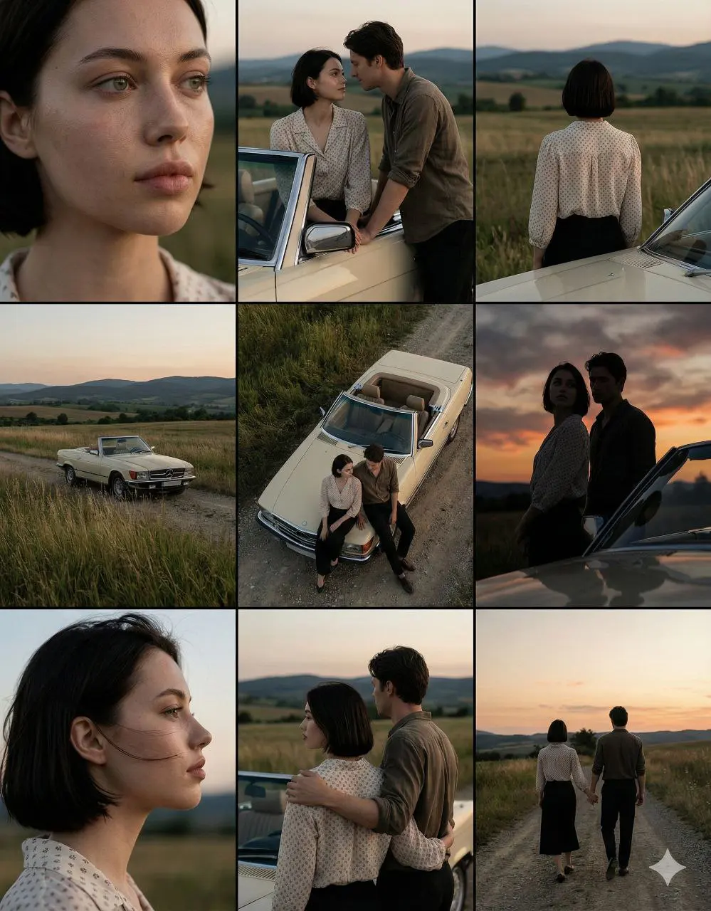 A cinematic 3×3 grid of film-still frames featuring the s...
