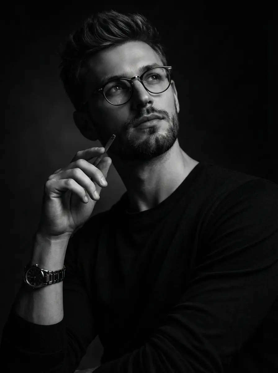 A dramatic black and white studio portrait of a thoughtfu...