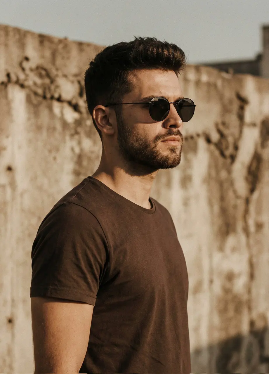 A cinematic portrait of a handsome man with a short style...