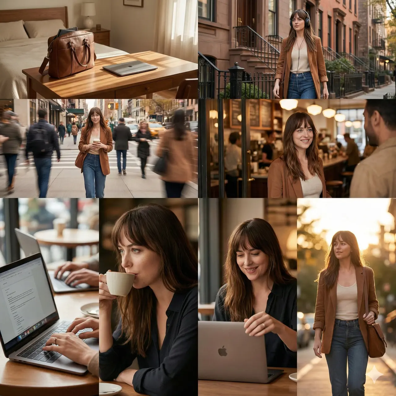 cinematic 8-photo storytelling collage featuring the same...