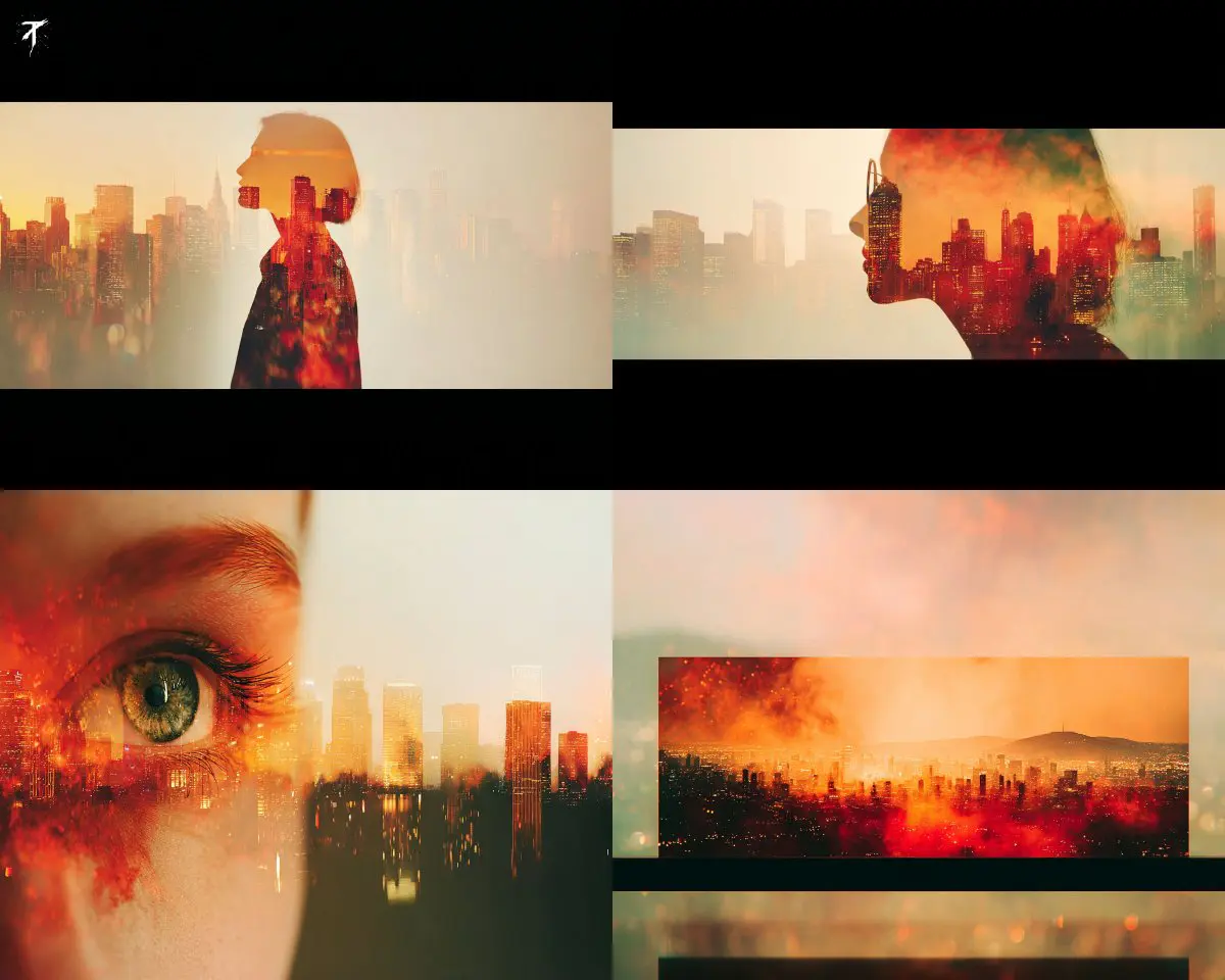 Double exposure portraits with glowing cityscapes, warm l...
