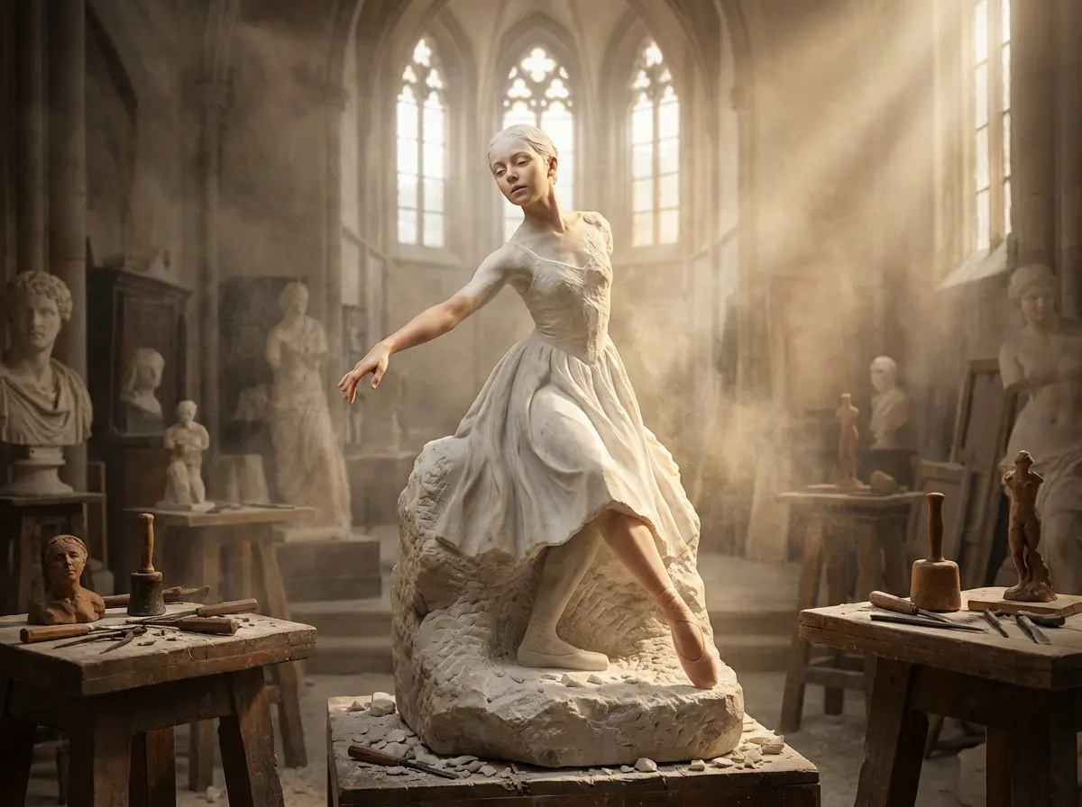 A half-finished marble sculpture in a dusty Renaissance w...