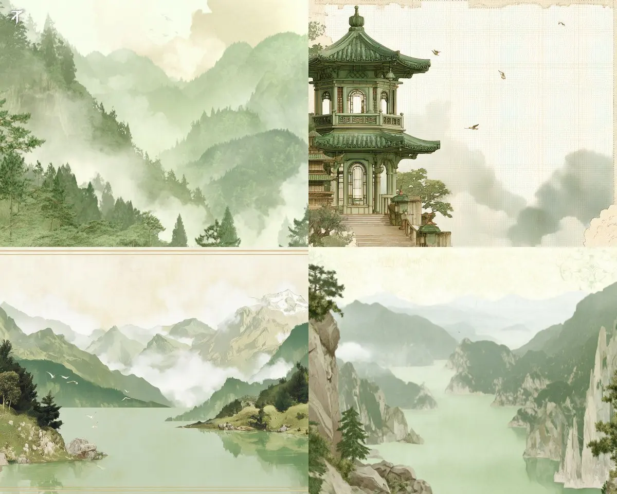A soft ink wash style with misty mountains, calm lakes, a...