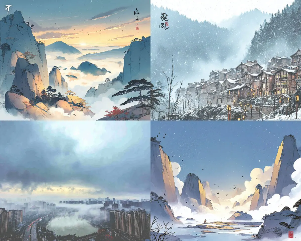 A poetic ink-and-paint style with misty peaks, soft skies...