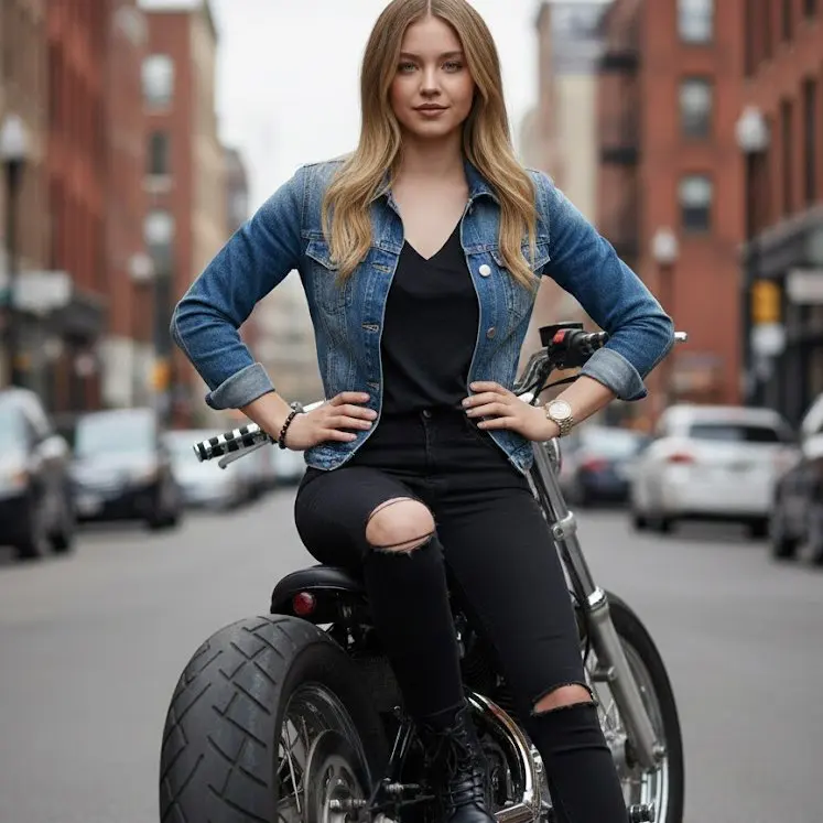 A full-length portrait of a woman with a biker-chic style...