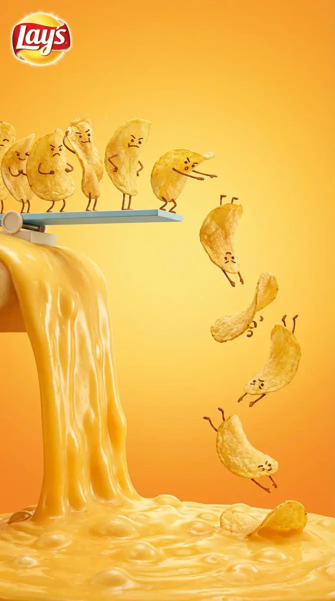 Vertical snack advertising visual with playful anthropomo...