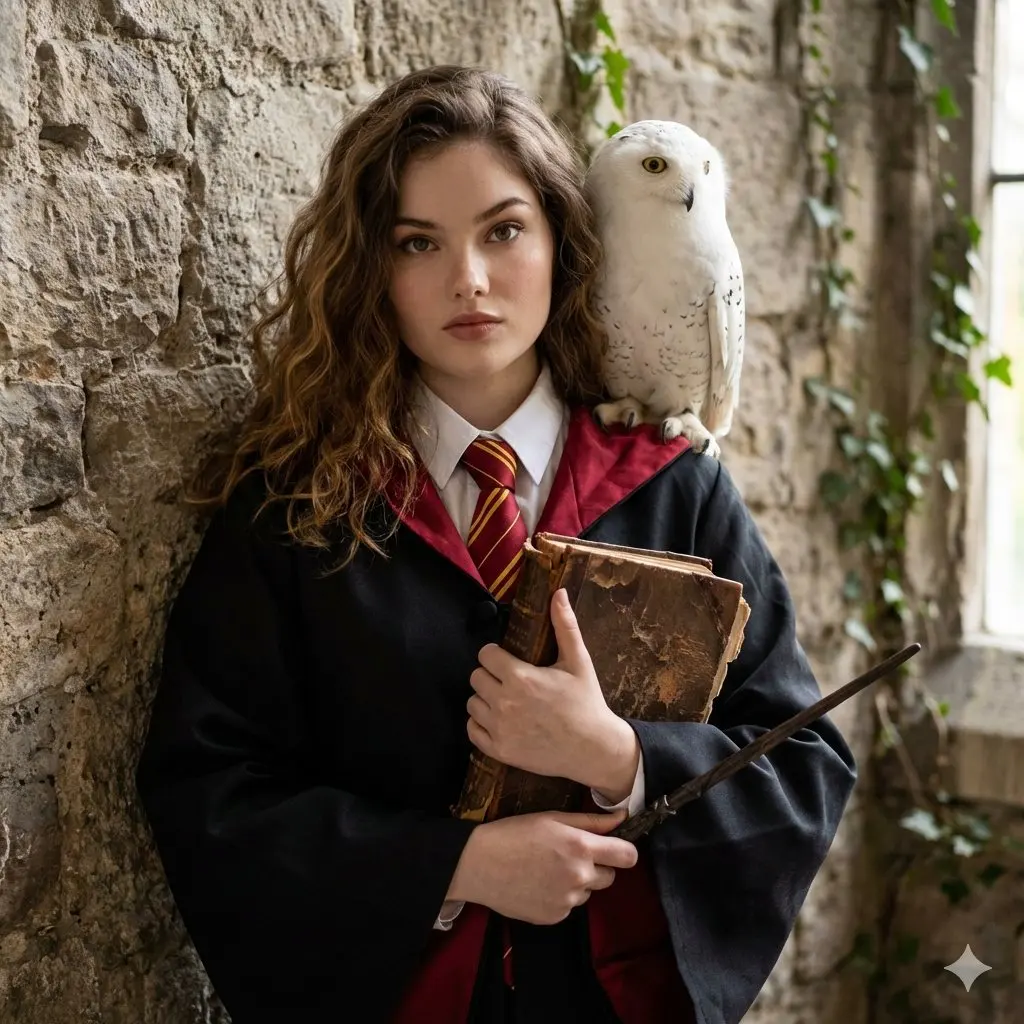 USE UPLOADED PHOTO AS REFERENCE. HOGWARTS-STYLE PHOTOSHOO...