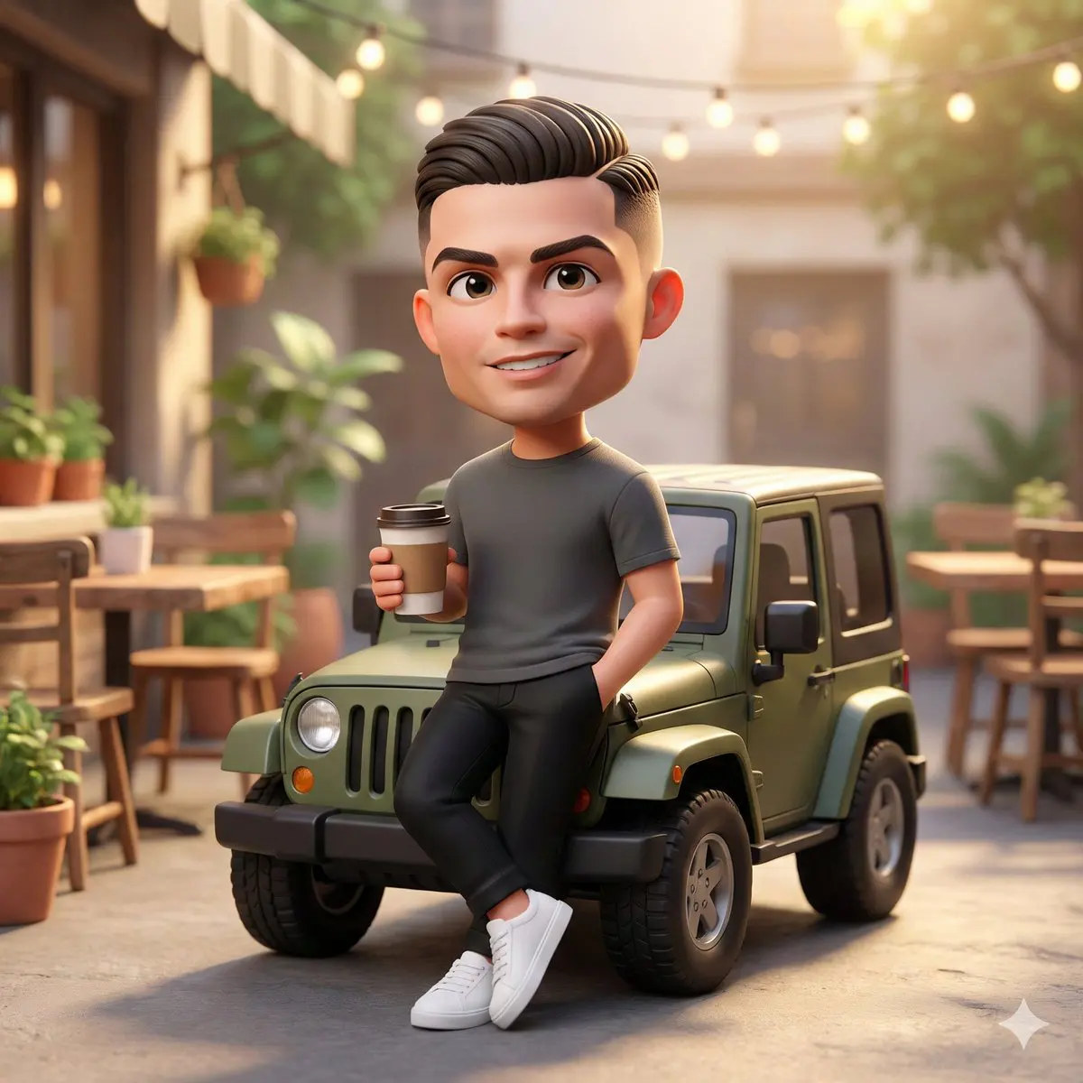 A cute 3D chibi-style character leaning against a parked ...