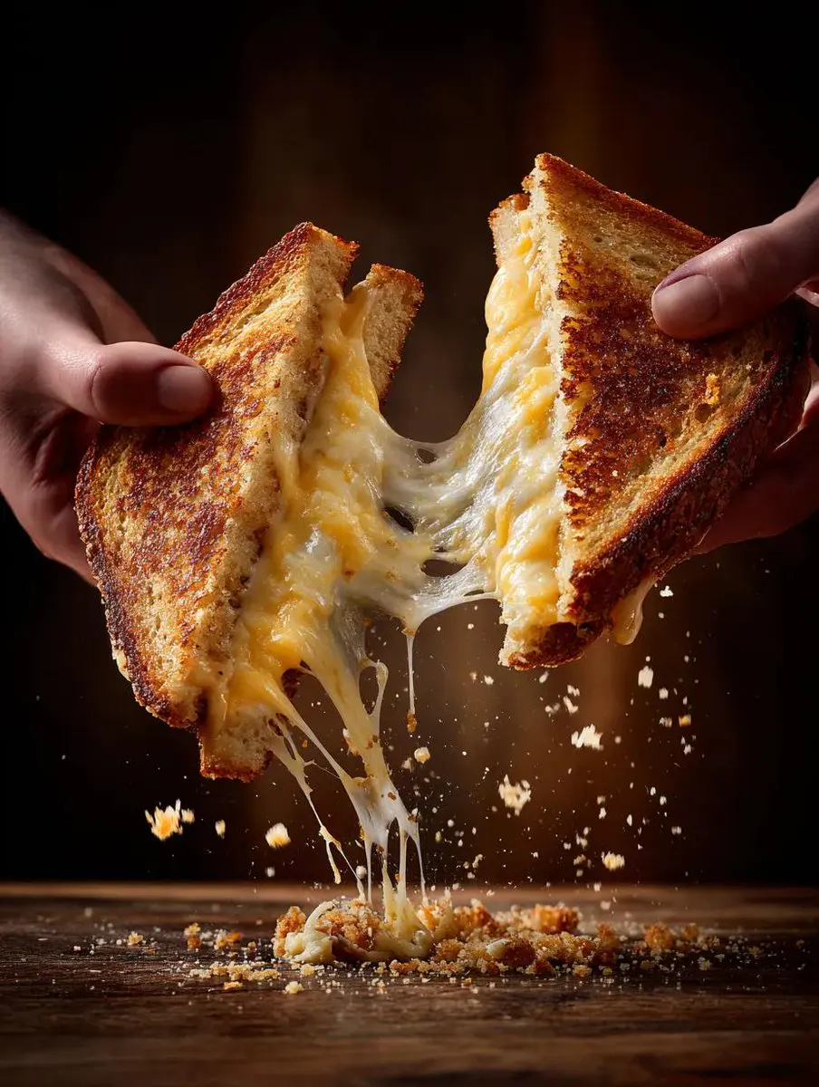 two hands pulling apart a grilled cheese sandwich, strand...