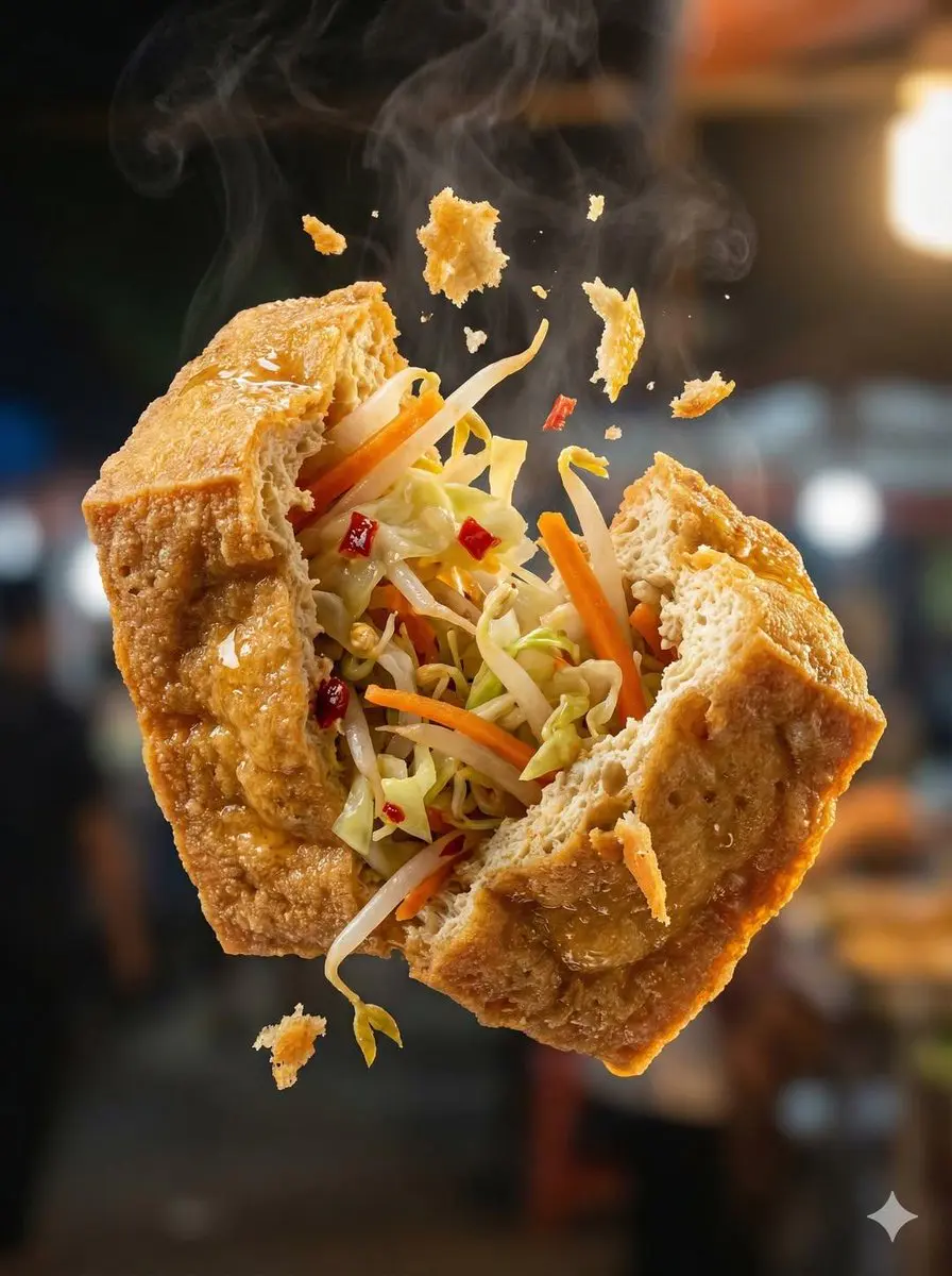 Macro food photography of a crispy martabak telur tearing...