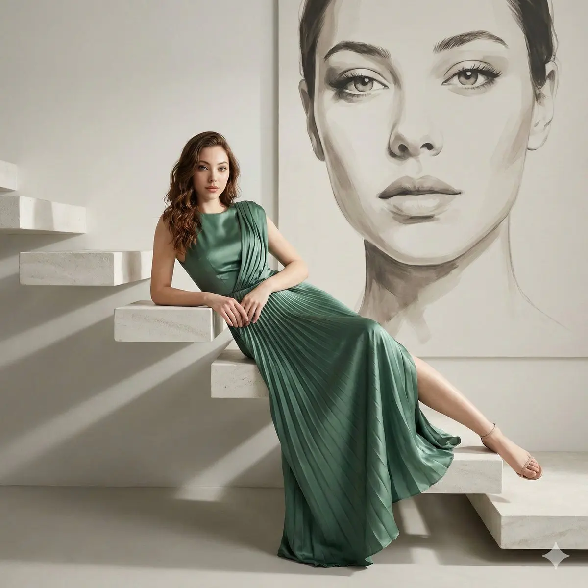 A high-fashion editorial portrait of a woman reclining el...